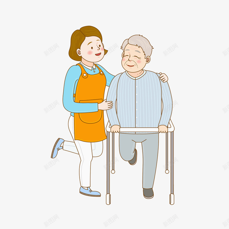 老人复健png免抠素材_新图网 https://ixintu.com 卡通人物 家人 手绘 护工 插画 水彩画 照顾 老人