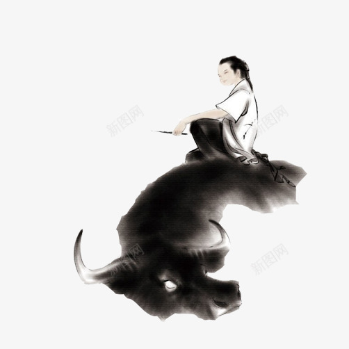 牧童放牛水墨画片psd免抠素材_新图网 https://ixintu.com 水墨画 水牛 牧童 牧童放牛 黑白画