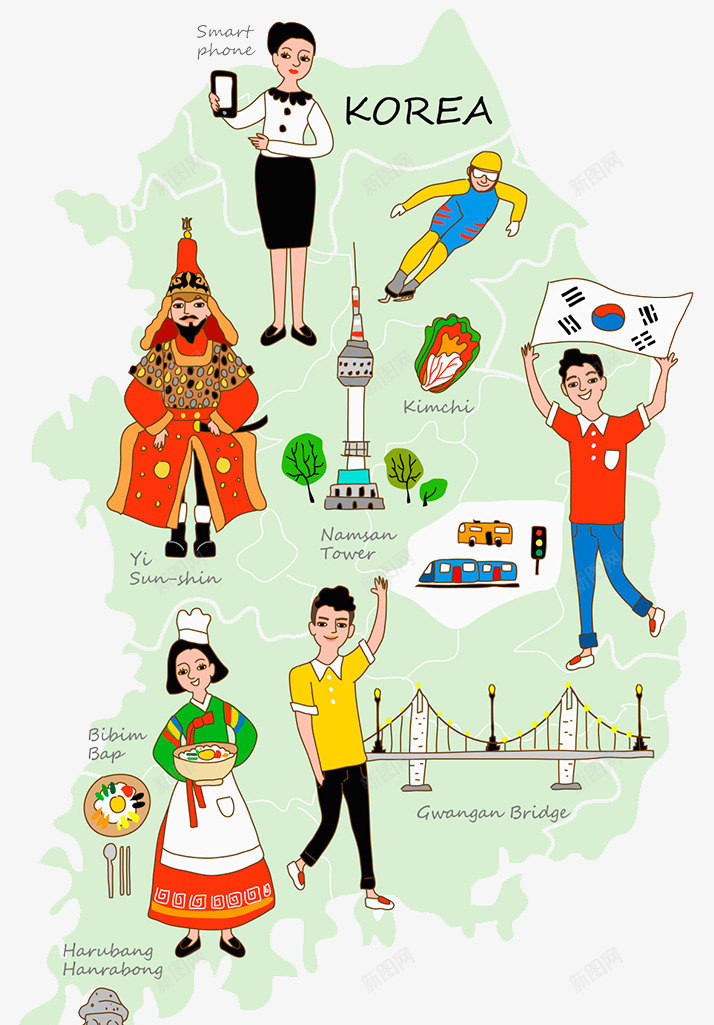 韩国卡通手绘地图png免抠素材_新图网 https://ixintu.com 手绘地图 旅游地图 朝鲜族 韩国