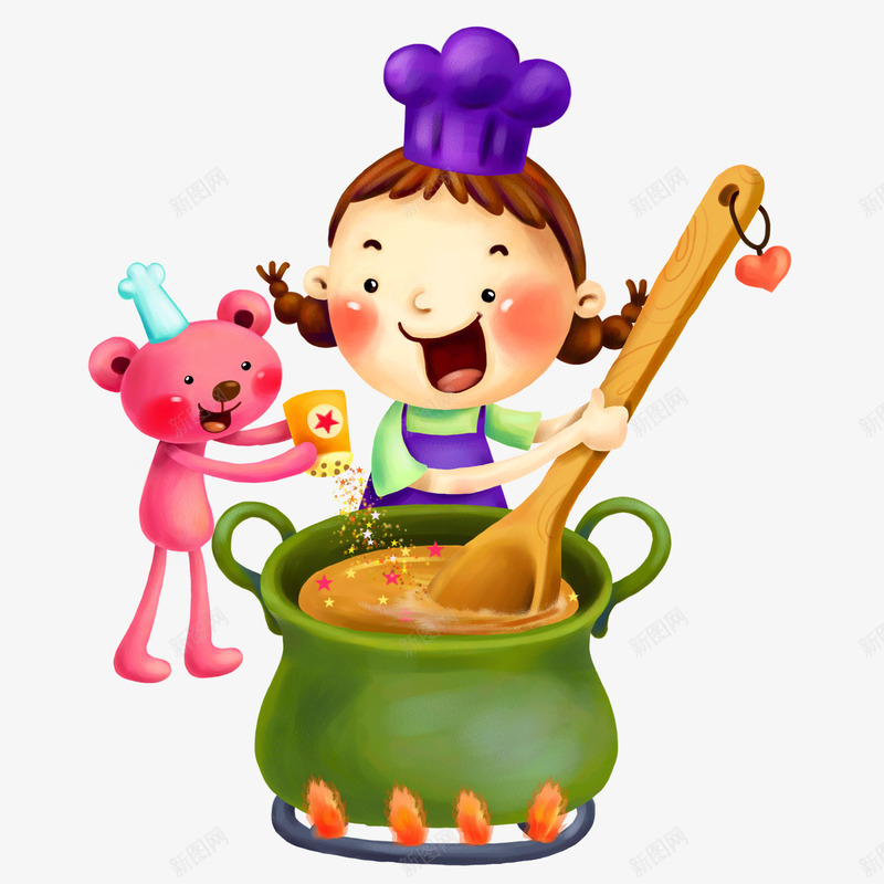 煮汤的女生和小熊png免抠素材_新图网 https://ixintu.com 女生 木勺 汤锅 火苗 绿色