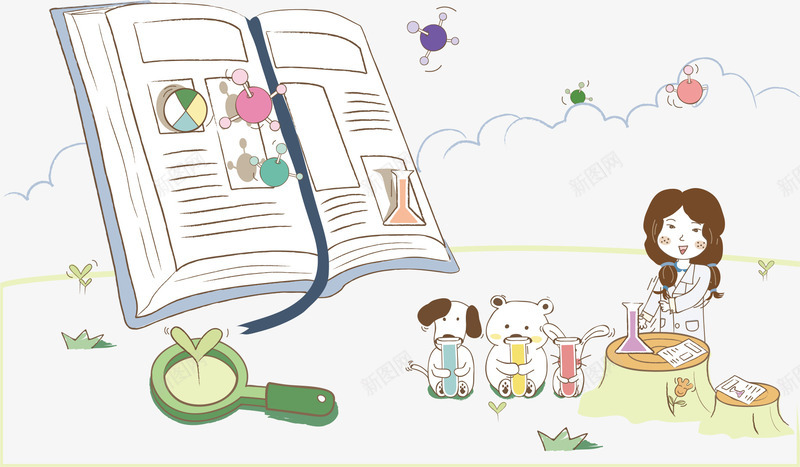 书本与卡通插画png免抠素材_新图网 https://ixintu.com 书本 人物插画 儿童插画 卡通人物 卡通插画 女孩 小狗 放大镜 矢量人物
