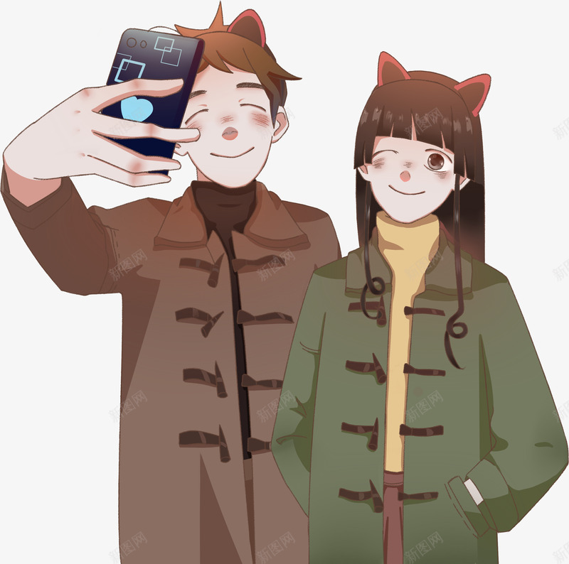 卡通手绘拍照的情侣png免抠素材_新图网 https://ixintu.com 创意 动漫动画 卡通手绘 可爱的情侣 拍照的人 简约