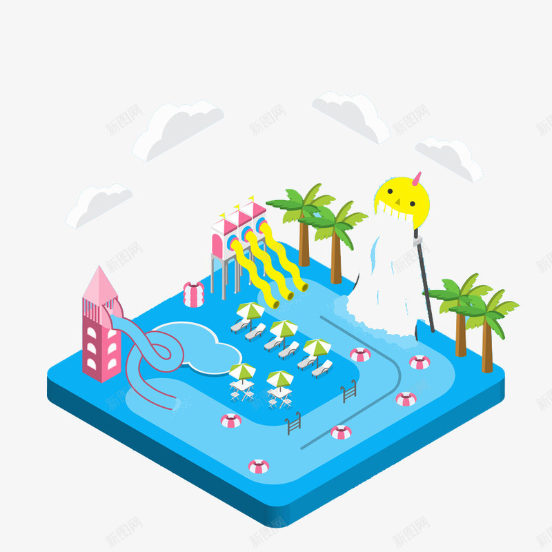 手绘创意蓝色的小岛png免抠素材_新图网 https://ixintu.com 卡通手绘 小岛 树木 椰树 水彩 泳池 海水 蓝色