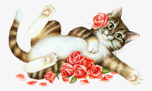 可爱小猫和小花png免抠素材_新图网 https://ixintu.com 好看 小猫 小花 彩色