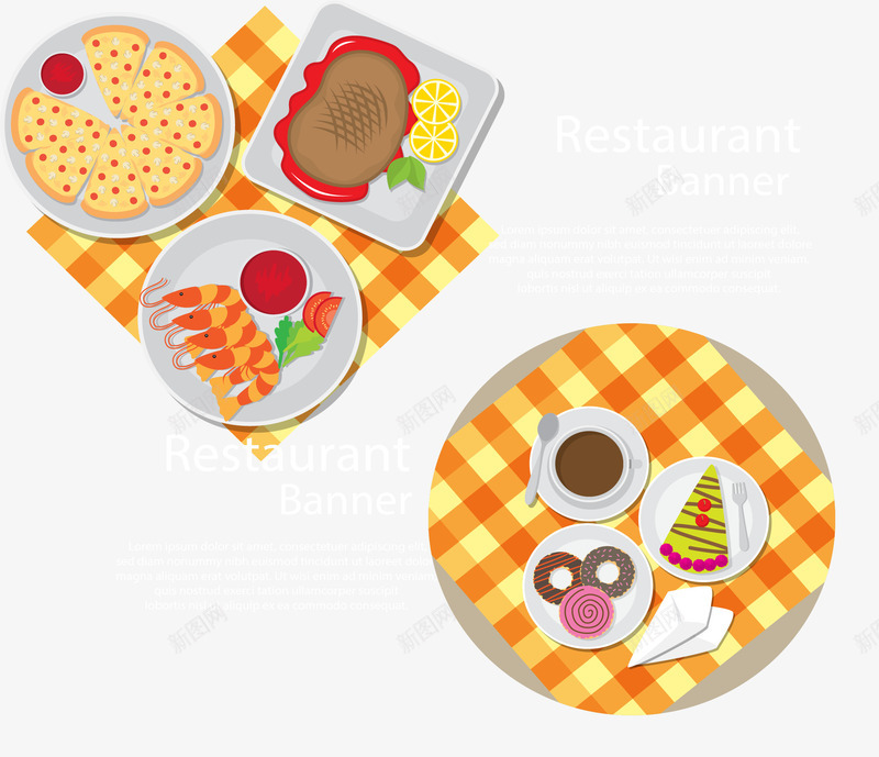 格纹桌布美食横幅png免抠素材_新图网 https://ixintu.com 基围虾 格纹 格纹桌布 牛排 甜点 美食横幅