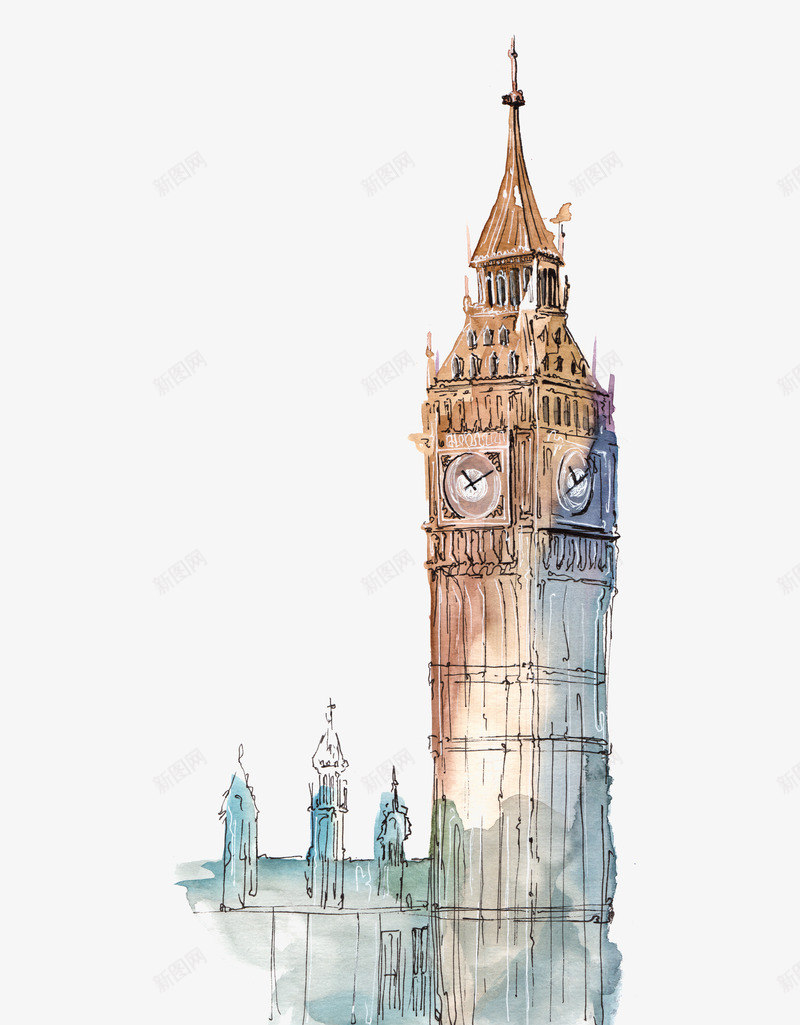 大本钟水彩插画psd免抠素材_新图网 https://ixintu.com 城市建筑手绘 英国大本钟 著名城市