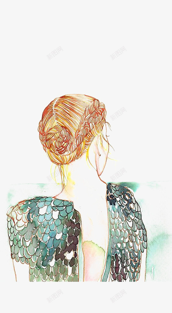 手绘女孩背影png免抠素材_新图网 https://ixintu.com 卡通 少女 手绘 插画 文艺 盘发