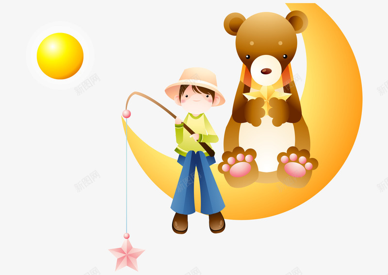卡通手绘月亮戴帽子男孩小熊png免抠素材_新图网 https://ixintu.com 卡通的男孩 可爱的小熊 戴帽子的男孩 手绘的小熊 黄色的月亮