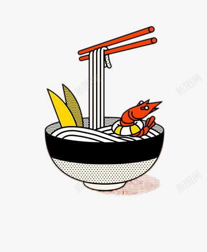 手绘海鲜汤面png免抠素材_新图网 https://ixintu.com 小虾 筷子 面条 食物