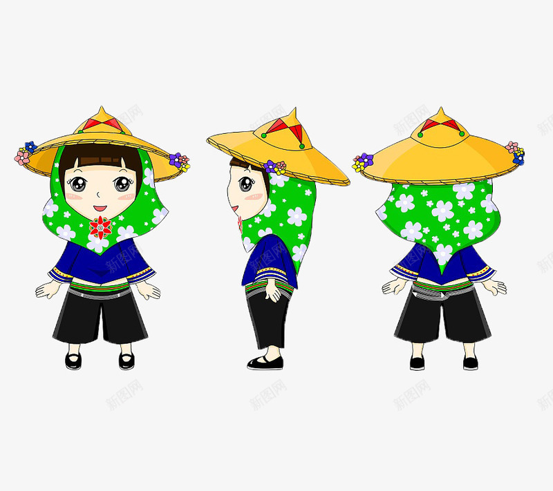 头戴草帽的惠安女孩三视图png免抠素材_新图网 https://ixintu.com 三视图 侧面 惠安女 惠安女孩 戴草帽 正面 背面