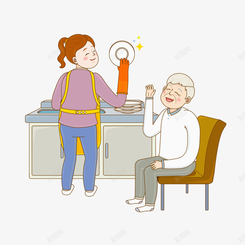 老人和孙女png免抠素材_新图网 https://ixintu.com 刷盘子 卡通人物 厨房 孙女 手绘平面 老人 老爷爷