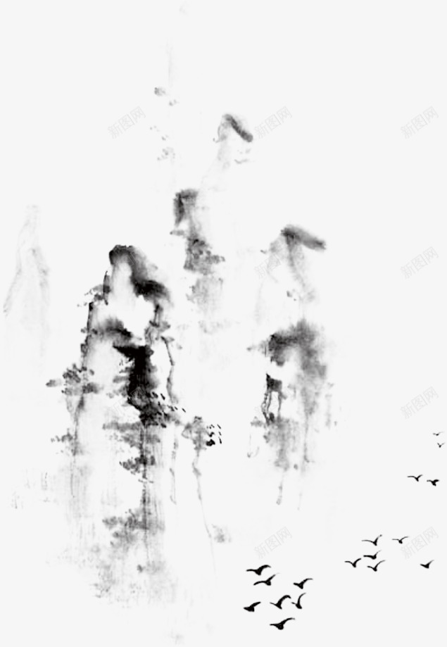 水墨山水画png免抠素材_新图网 https://ixintu.com 传统风景画 山水 山水画壁纸 水墨画 水彩 禅意 鸟 黑白