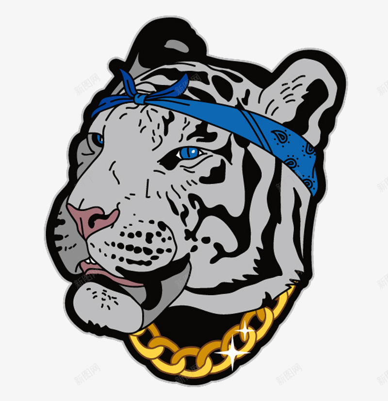 白虎胸前印花图案矢量图图标ai_新图网 https://ixintu.com T恤 logo 动物 印花 四圣兽 四大神兽之一 头带 服装设计 矢量图 精美 精良 蓝色头巾 设计感 项链