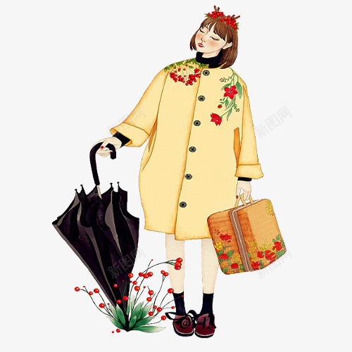 卡通女孩png免抠素材_新图网 https://ixintu.com 冬季新衣 卡通可爱 手绘女孩 花草 装饰图 黑色雨伞
