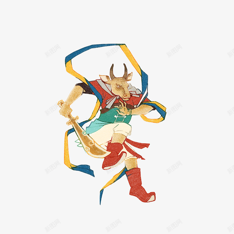 年画大牛png免抠素材_新图网 https://ixintu.com 动物 年画 水牛 牛 门神