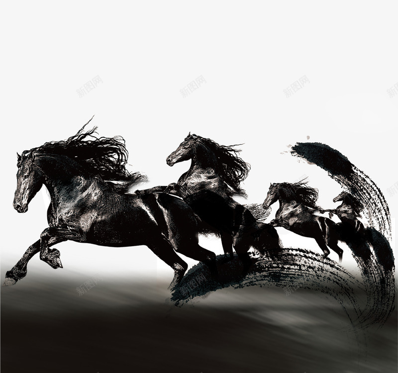 黑色创意万马奔腾插画psd免抠素材_新图网 https://ixintu.com 万马奔腾 万马奔腾画 创意设计 奔跑 插画 梦想 海报 黑色