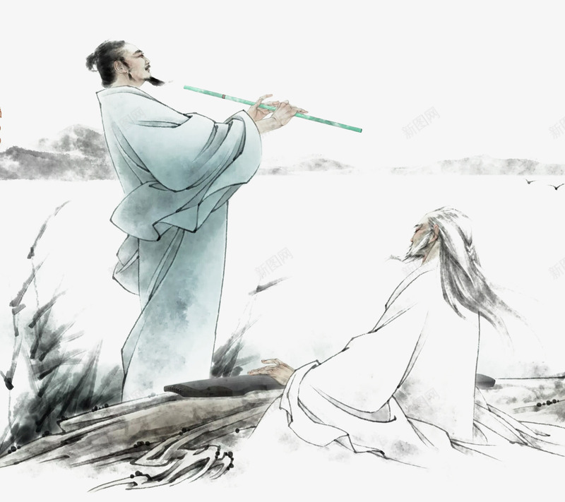 水墨画古人png免抠素材_新图网 https://ixintu.com 古人 吹箫 弹琴 水墨画