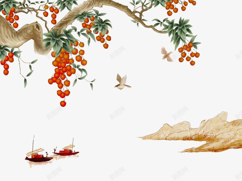 红色水墨江中小船psd免抠素材_新图网 https://ixintu.com 划船 古风船 果实累累 水墨划船 水墨船 江上 远山 飞鸟