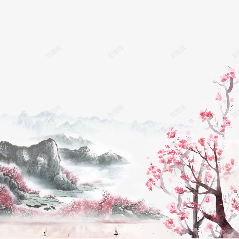 桃花林png免抠素材_新图网 https://ixintu.com 山峰 桃花 桃花林 花朵