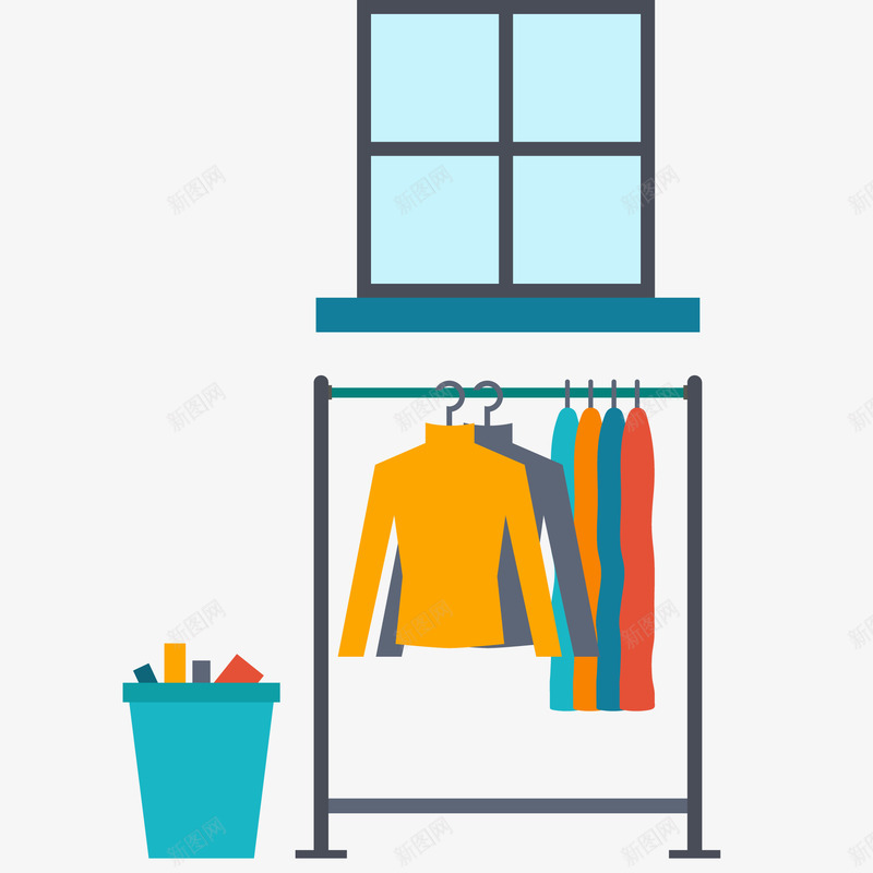 晾晒衣服的景象矢量图ai免抠素材_新图网 https://ixintu.com 扁平化 晾晒衣服 服装 洗衣服 窗户 矢量图