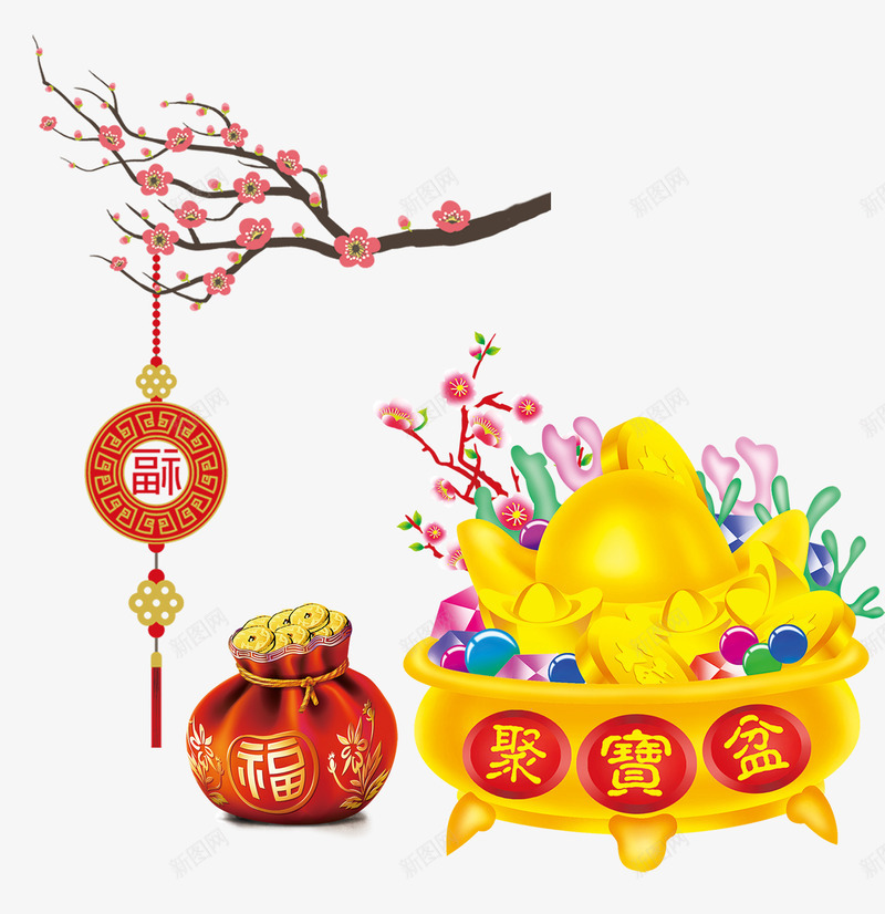 金银财宝png免抠素材_新图网 https://ixintu.com 一枝梅花 中国风挂饰 元宝 珠宝 福袋 聚宝盆 聚宝盆图 铜钱