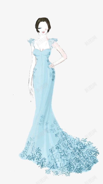 湖蓝色服装效果图png免抠素材_新图网 https://ixintu.com 手绘作品 晚礼服 服装设计图 湖蓝色
