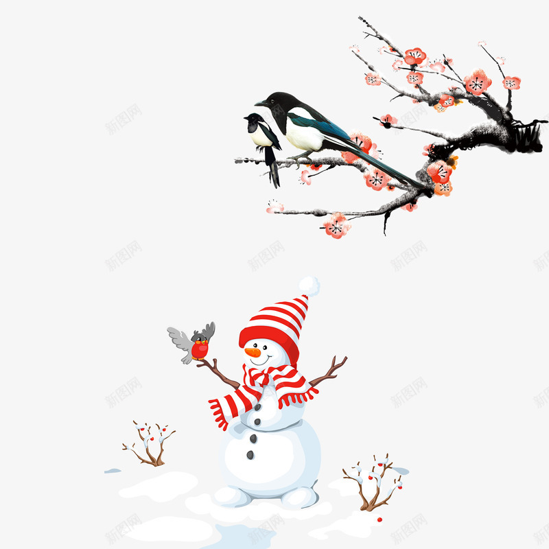 梅花雪人元素图png免抠素材_新图网 https://ixintu.com 喜鹊 梅花 花枝 雪人 鸟类