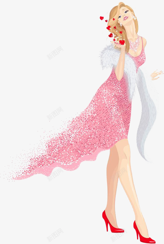 长裙女生png免抠素材_新图网 https://ixintu.com 手绘女生 模特 水彩女生 粉色长裙 金发女生