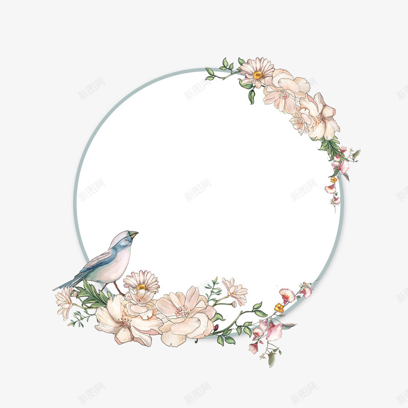 水彩彩色鲜花花卉边框装饰png免抠素材_新图网 https://ixintu.com 圆环 小鸟 手绘花朵 花卉 花朵 花朵装饰 花环