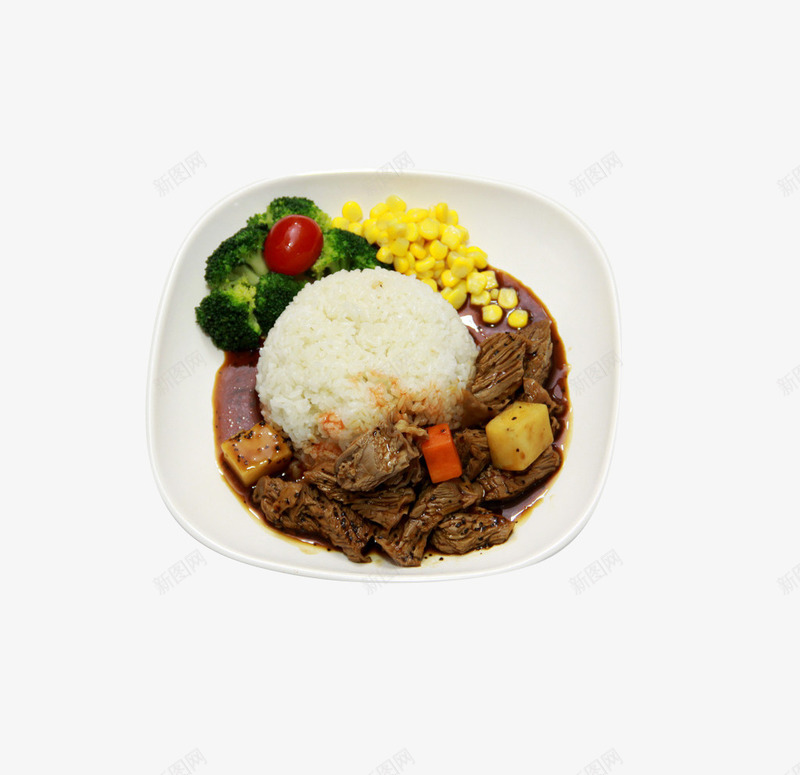 黑椒牛肉块盖浇饭png免抠素材_新图网 https://ixintu.com 套餐 牛肉块 西红柿 黑椒炒牛肉饭 黑椒牛肉饭