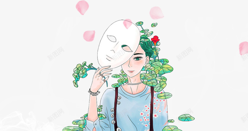 卡通手绘美丽的春季少女插画psd免抠素材_新图网 https://ixintu.com 卡通手绘 少女 插画 春季 树叶 美丽 花瓣 面具