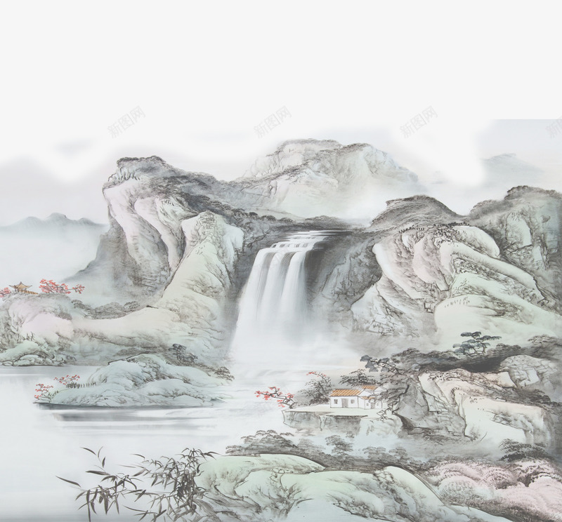 中国风山水画png免抠素材_新图网 https://ixintu.com 中国风 山水画 山水画壁纸 彩绘 手绘 水墨瀑布 水墨画 油彩 爱国壁纸 装饰