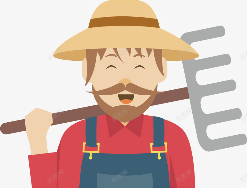 穿着背带裤肩扛耙子的开心png免抠素材_新图网 https://ixintu.com 农夫 帽子 开心 矢量图穿着背带裤肩扛耙子的开心农夫免费下载 红色 耙子 背带 蓝色 黄色