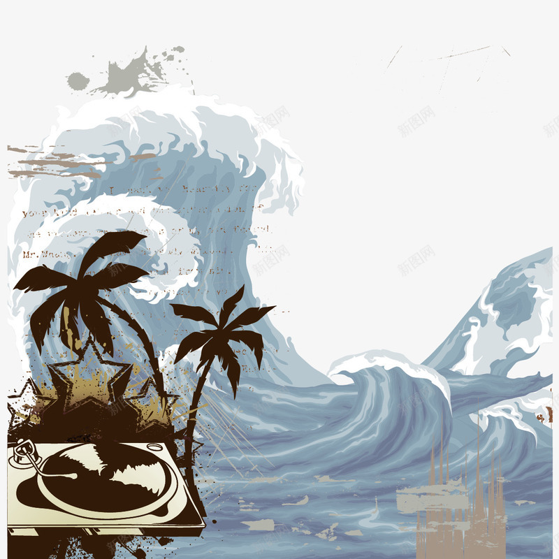 海浪和椰子树矢量图ai免抠素材_新图网 https://ixintu.com 抽象海浪素材 星星 椰子树 海浪 矢量图