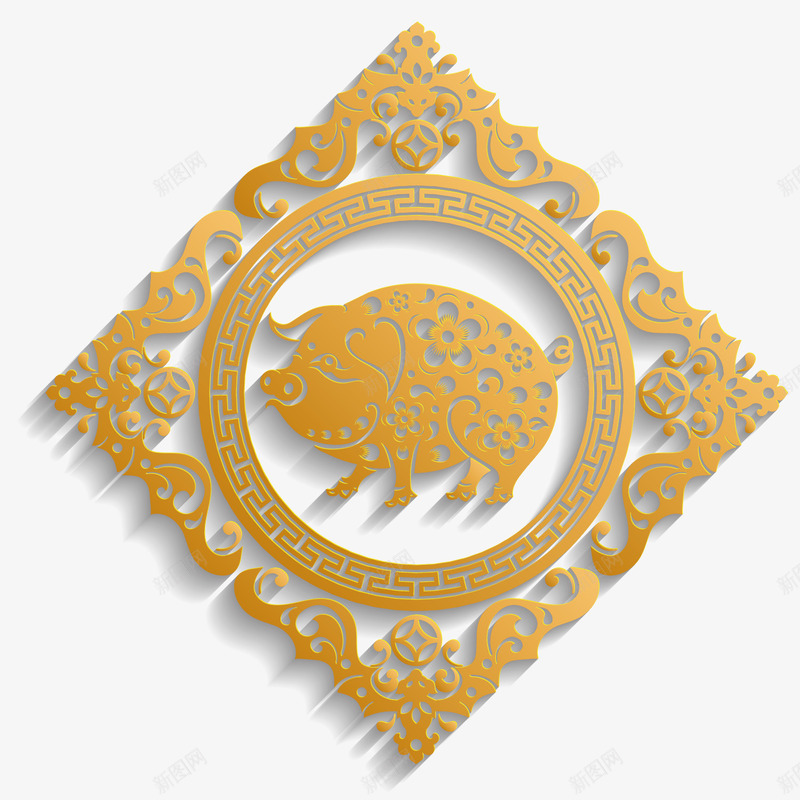 金色菱形金猪矢量图ai免抠素材_新图网 https://ixintu.com 2019 剪纸 复古 富贵 新年 猪年 矢量图 花边 菱形 金色