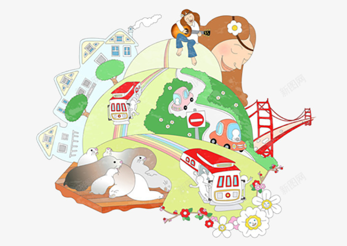 美丽公主的旅游梦插画png免抠素材_新图网 https://ixintu.com 动漫 可爱 女孩 房子建筑 文艺 甜美 绘画 美梦插画 艺术