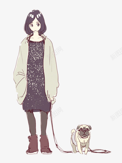 卡通女孩png免抠素材_新图网 https://ixintu.com 卡通插画 小狗 插画女孩 高个子女孩