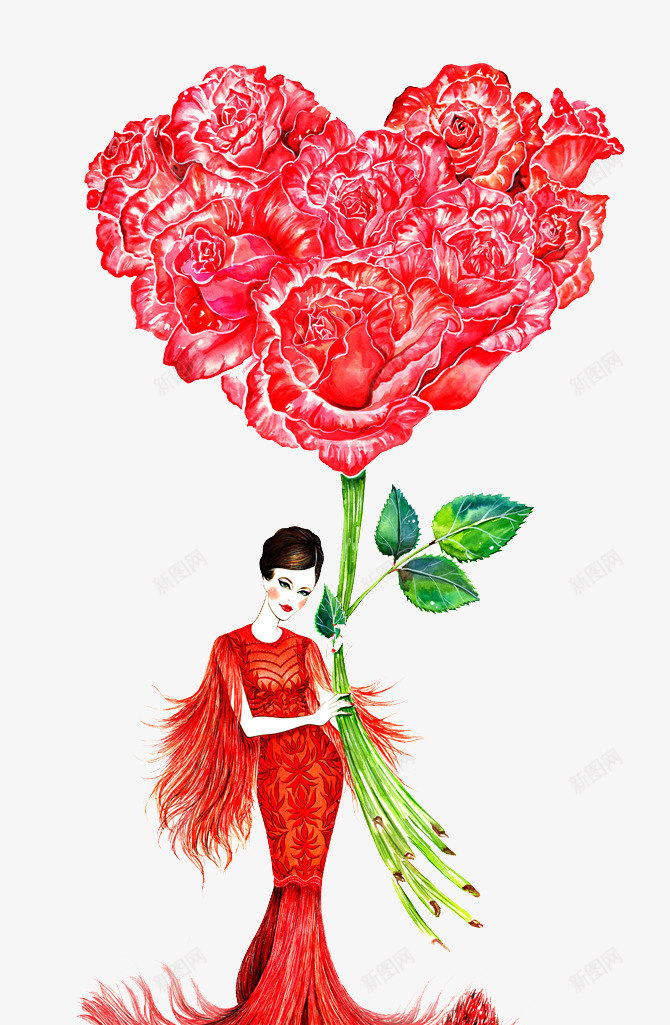 手绘大红花美女png免抠素材_新图网 https://ixintu.com 人物 模特 美女 花卉 黑发