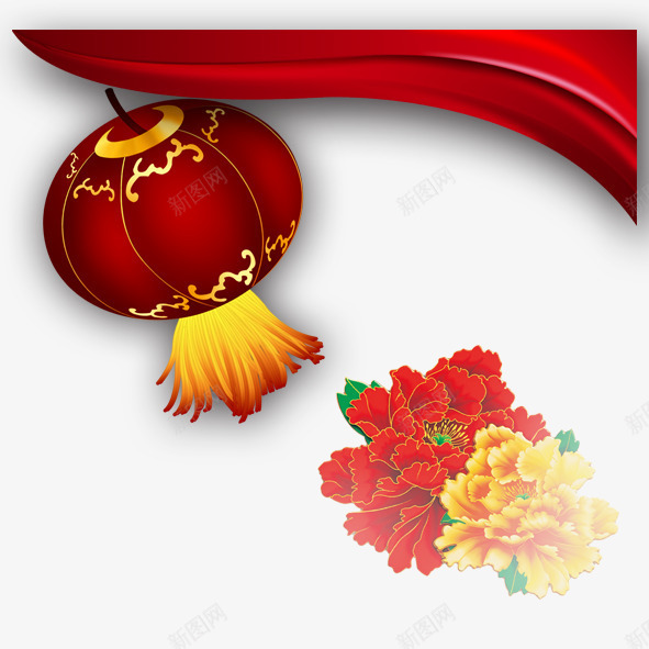 节日灯笼大红花png免抠素材_新图网 https://ixintu.com 灯笼 红色 节日 花 装饰 飘带