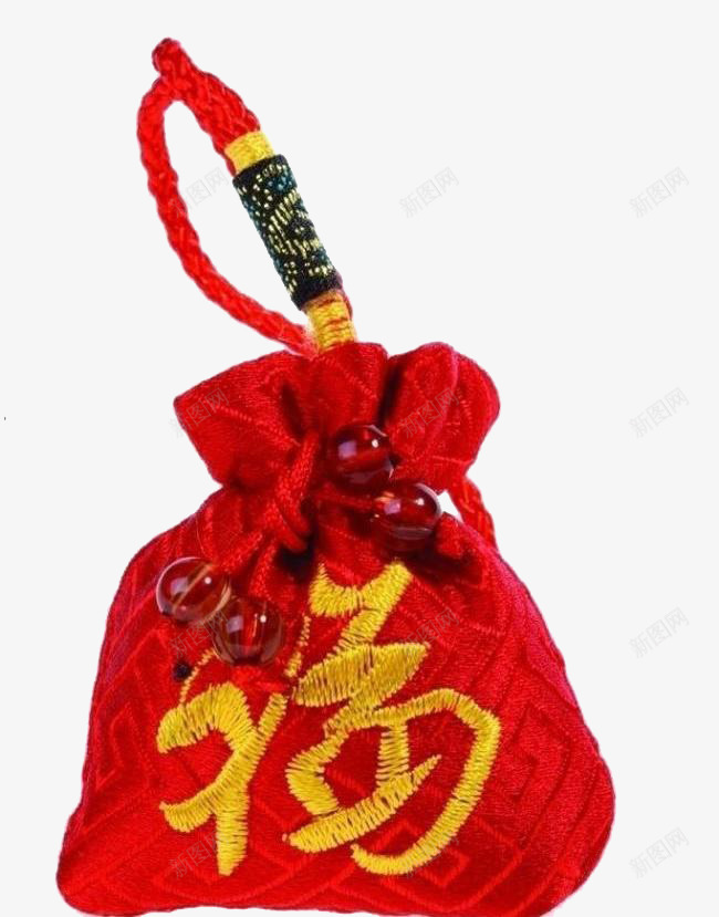 福包装饰图案png免抠素材_新图网 https://ixintu.com 喜庆 布袋 福字 红珠 红色