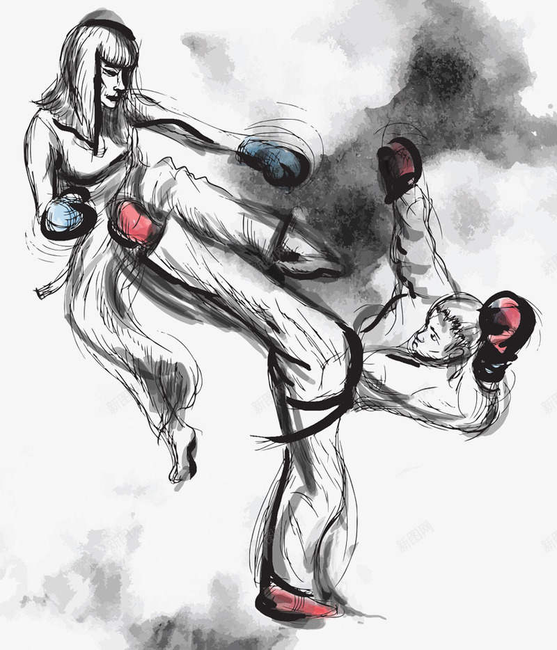 手绘搏斗png免抠素材_新图网 https://ixintu.com 女人 手绘 打拳 打架 拳击 搏击 搏斗 武功切磋 水墨画 水彩画 男人 线条 跆拳道