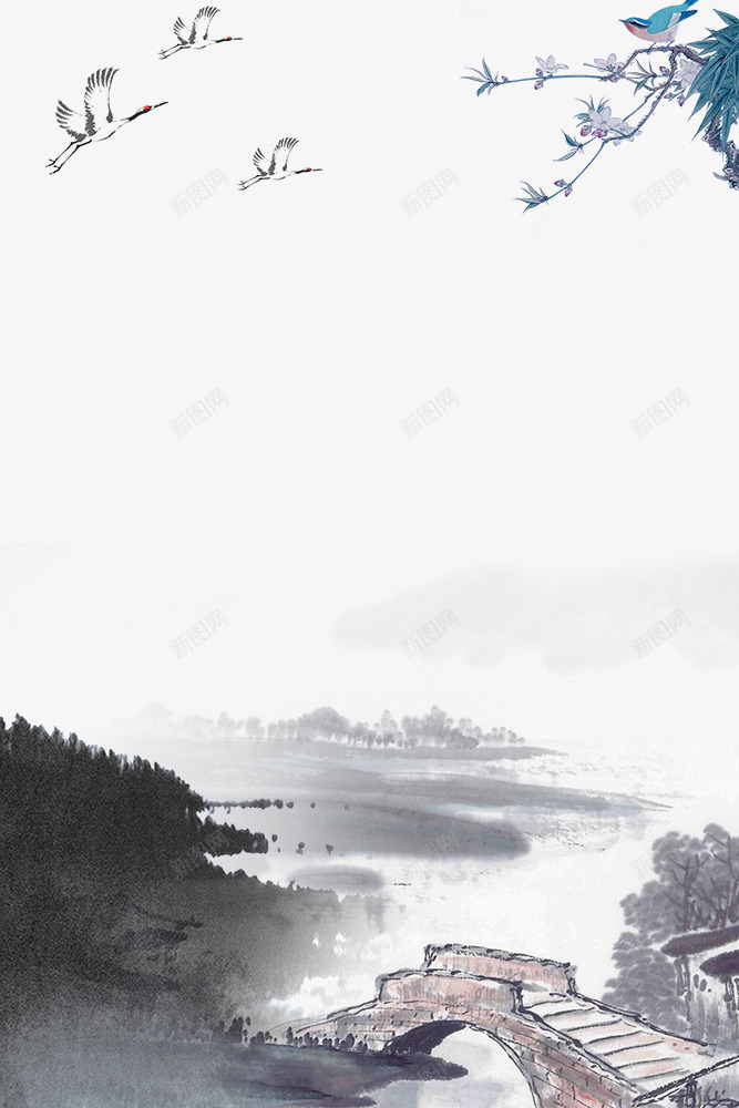 复古水墨飞鸟与山水画psd免抠素材_新图网 https://ixintu.com 中国风 传统风景画 复古 山水画壁纸 手绘植物 手绘画 水墨画 水墨荷花 爱国壁纸 边框 飞鸟