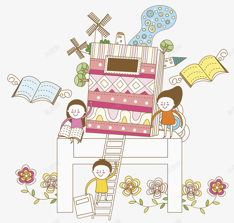 会飞的书本png免抠素材_新图网 https://ixintu.com 书本 可爱 小孩 小树 小花 彩色 手绘 楼梯 风车