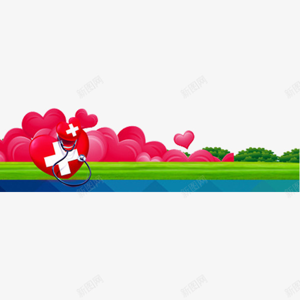 献血标志png免抠素材_新图网 https://ixintu.com 公益广告 听诊器 粉色 红色十字 草丛 青青草地