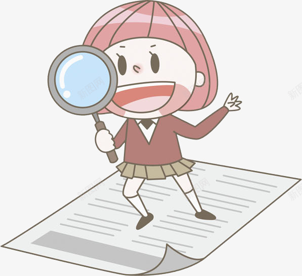 在报纸上拿着放大镜的女孩png免抠素材_新图网 https://ixintu.com 卡通 女孩 开心 手绘 报纸 放大镜 粉色