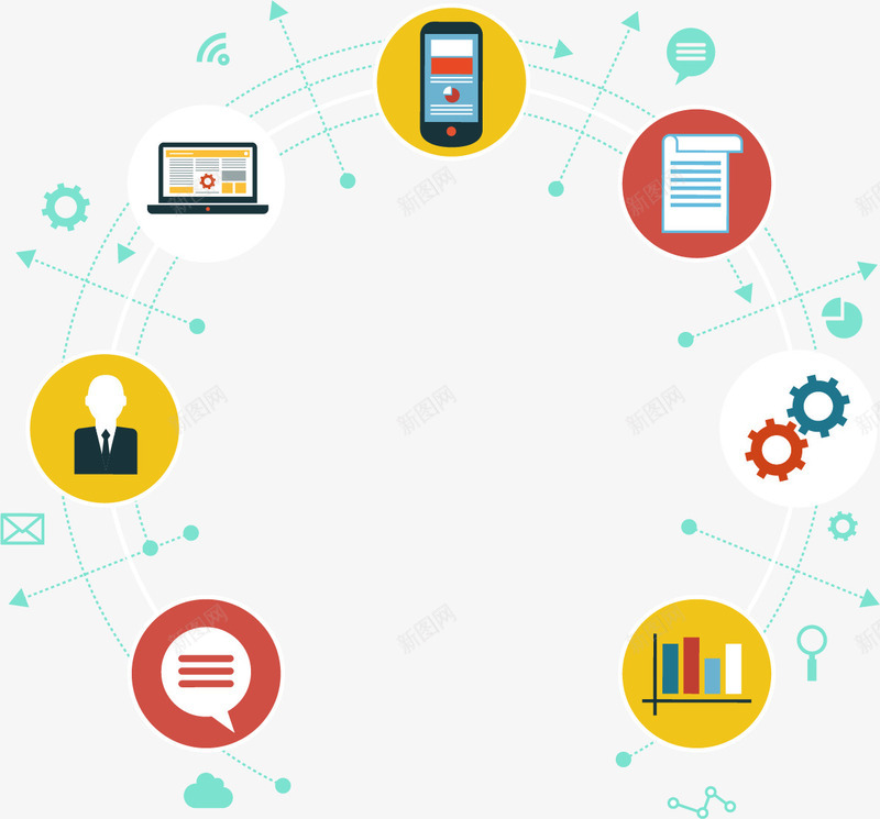 卡通商务广告矢量图eps免抠素材_新图网 https://ixintu.com 信息 创意广告 卡通 商务广告 广告设计 扁平化设计 手机 手机APP 柱形图 联系人 齿轮 矢量图
