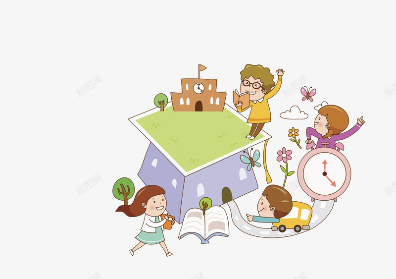 学校操场png免抠素材_新图网 https://ixintu.com 卡通 学校 建筑 手绘 旗子 时钟 汽车 玩耍 男孩 青青草地