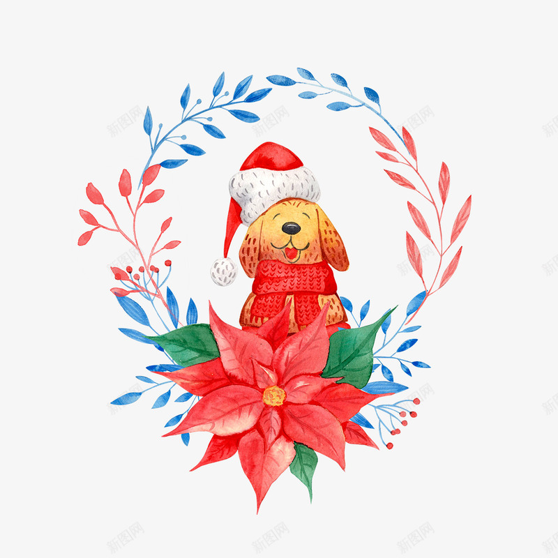 新春喜庆狗狗花环装饰png免抠素材_新图网 https://ixintu.com 动物 喜庆 帽子 新春 狗狗 红色 红花 绿叶 花环 装饰