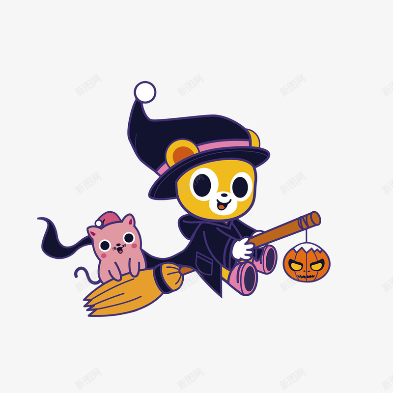 卡通骑着扫把飞行的小动物png免抠素材_新图网 https://ixintu.com 万圣节 卡通小动物 卡通插画 巫师装扮 骑着扫把飞