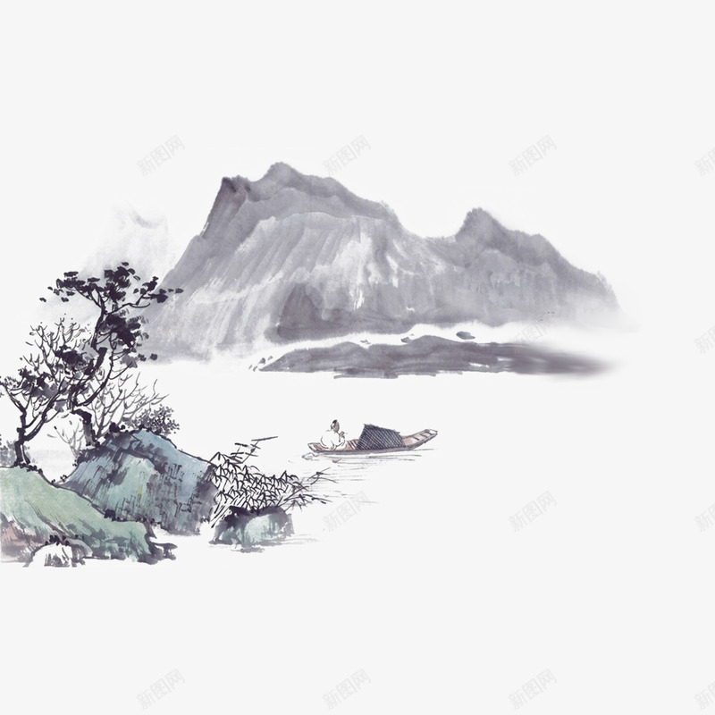 素雅湖泊划船山水墨画psd免抠素材_新图网 https://ixintu.com 免抠 划船 山水 山水墨图 山水墨画 水墨 水墨画 湖泊 素雅